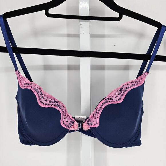 Vintage Rampage Intimates Womens Sz 36B Front Clasp T Shirt Bra Navy & Pink Lace - Picture 1 of 6